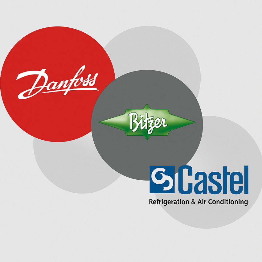 🔻 متن پیشنهادی زیر لوگوها: Danfoss      برند دانمارکی دانفوس یکی از پیشروترین تولیدکنندگان تجهیزات کنترلی و سرمایشی در جهان است. محصولات این برند شامل شیر انبساط، ترموستات، درایر و کنترلرهای دیجیتال می‌باشد.  Bitzer      بیتزر آلمان، یکی از شناخته‌شده‌ترین برندهای بین‌المللی در زمینه کمپرسورهای اسکرو، پیستونی و اسکرال صنعتی و تجاری است. کیفیت بالا، دوام و راندمان، از ویژگی‌های محصولات Bitzer است.  Castel      برند Castel ایتالیا، با تخصص در طراحی و تولید انواع شیرآلات، درایر و اکسپنشن ولو، یکی از برندهای محبوب در پروژه‌های برودتی و تهویه مطبوع محسوب می‌شود.